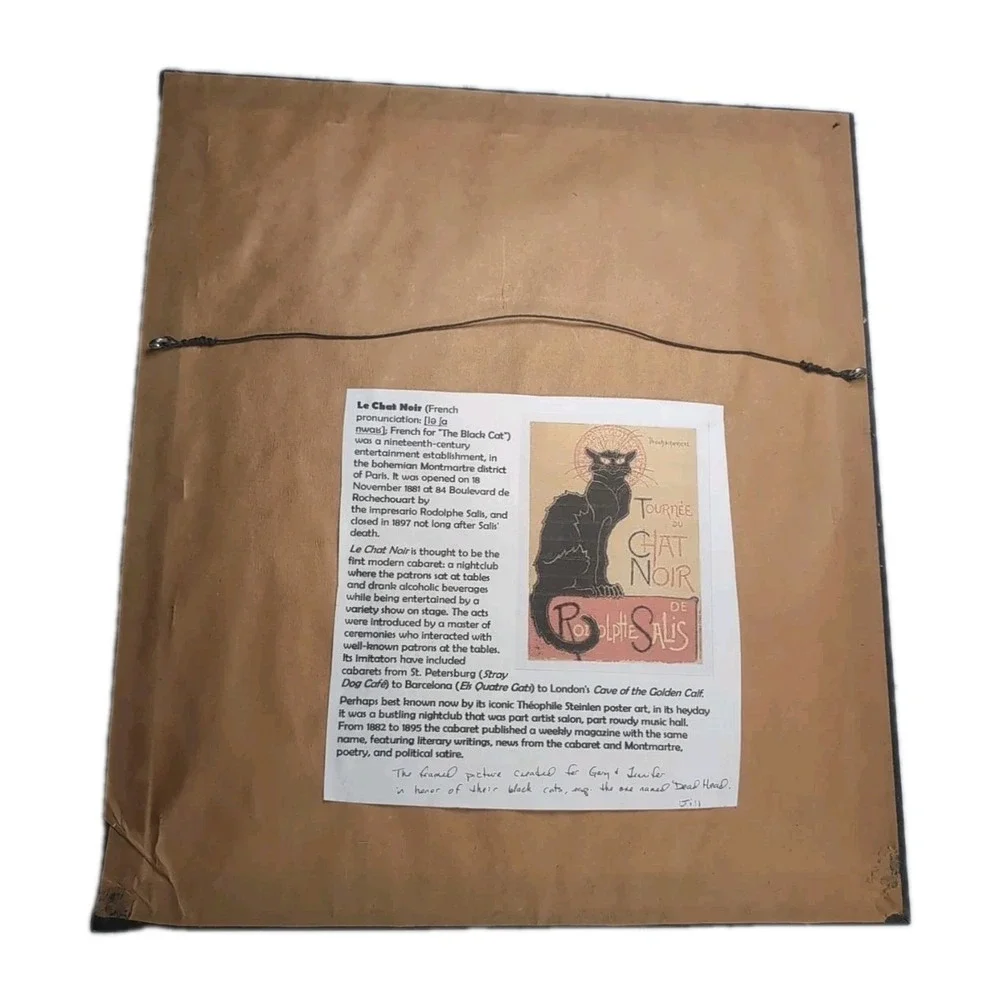 Mod Vintage Le Chat Noir Black Cat Framed/Matted Needlepoint Wall Art Handmade
